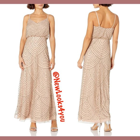 NEW Adrianna Papell‎ Art Deco Beaded Blouson Gown in Taupe Pink [SZ 10 12 14 ] - Picture 10 of 11